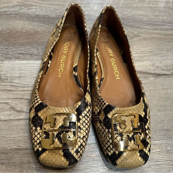 TORY BURCH Ballet Flats Size 6.5 Leather Georgia Snakeskin Animal Print - Picture 2 of 12
